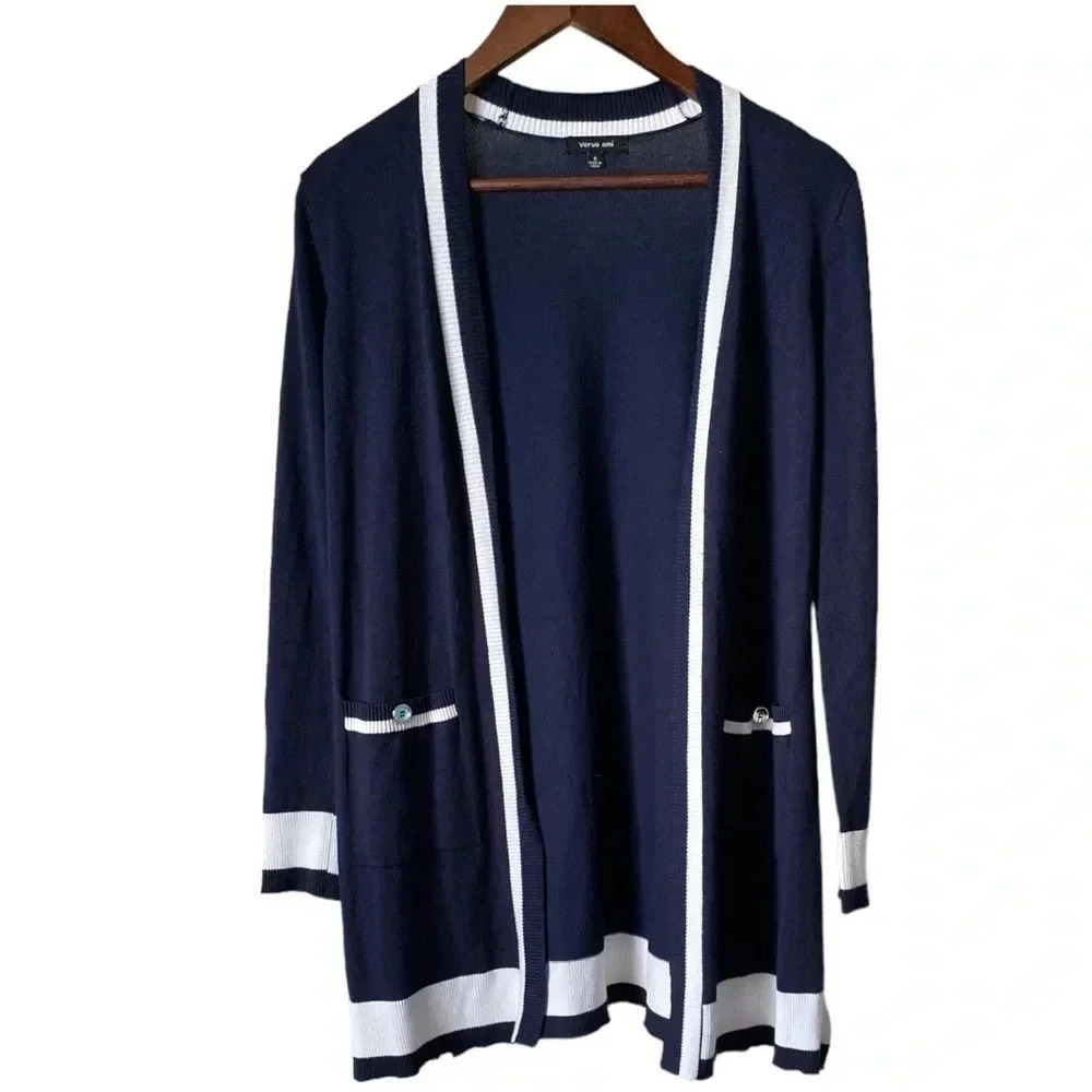 VERVE AMI | Women’s Lightweight Navy and White Rib Open Front Cardigan Size S